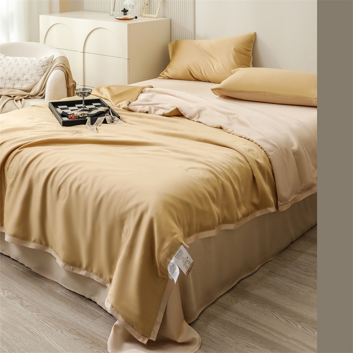 91家纺网 家纺一手货源 找家纺 沐白家居202360S天丝纯色双拼夏被四件套被子被芯 芝士黄-沙茶色