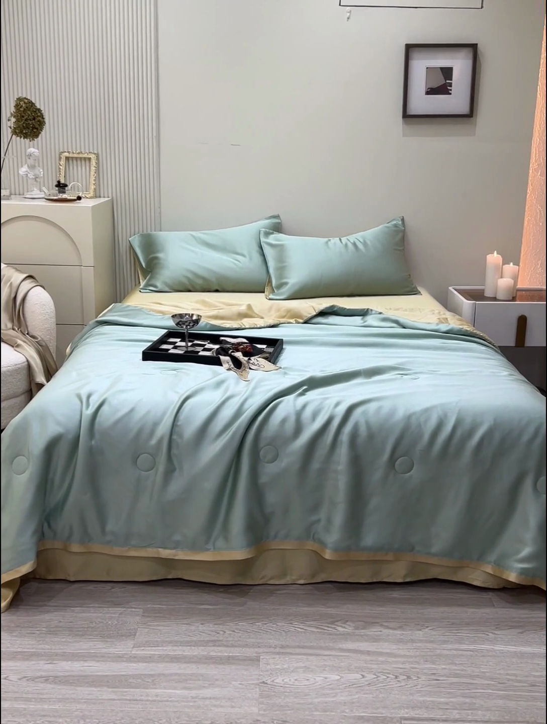 91家纺网 家纺一手货源 找家纺 沐白家居202360S天丝纯色双拼夏被四件套被子被芯 浅艾绿-香槟金
