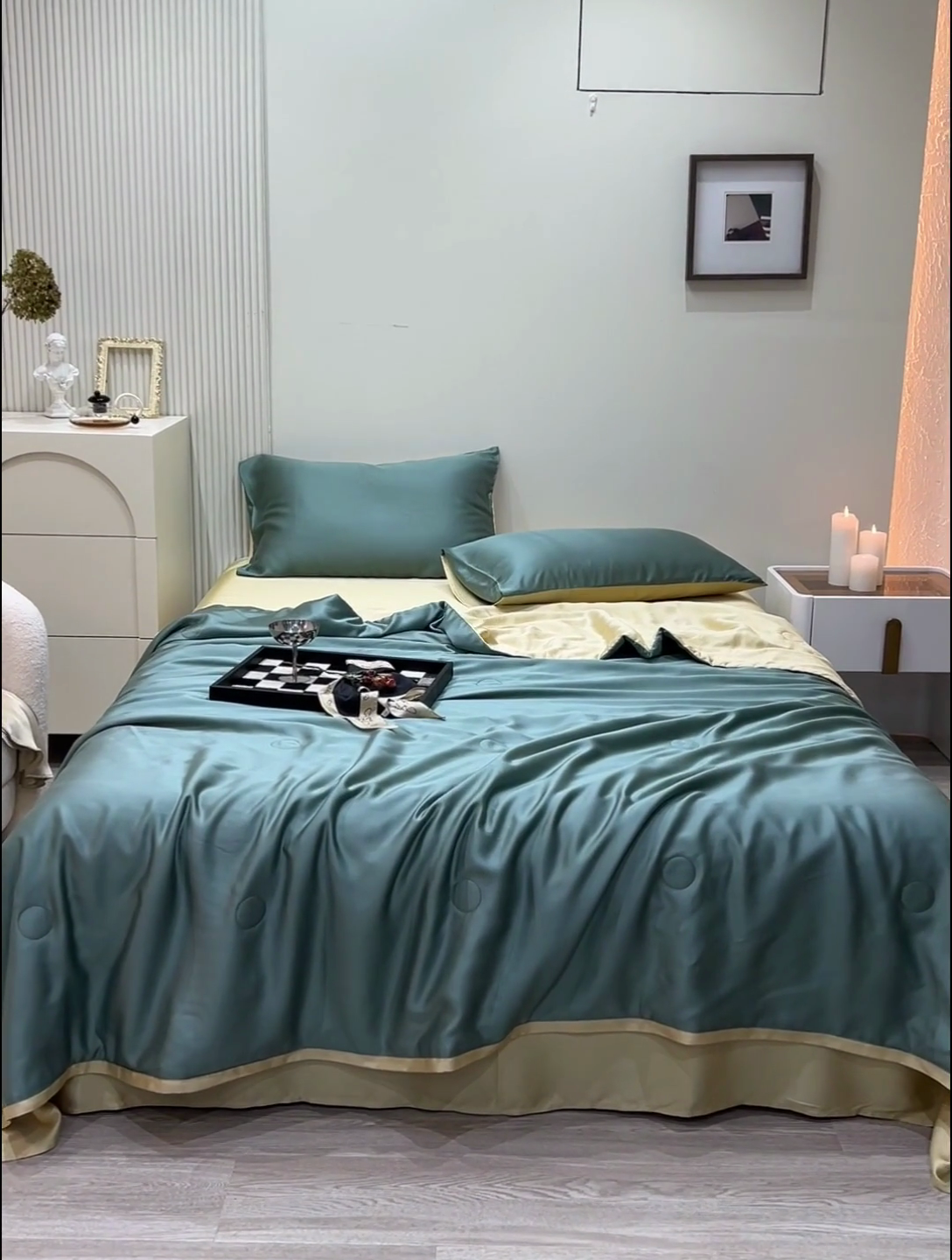 91家纺网 家纺一手货源 找家纺 沐白家居202360S天丝纯色双拼夏被四件套被子被芯 天青色-香槟金