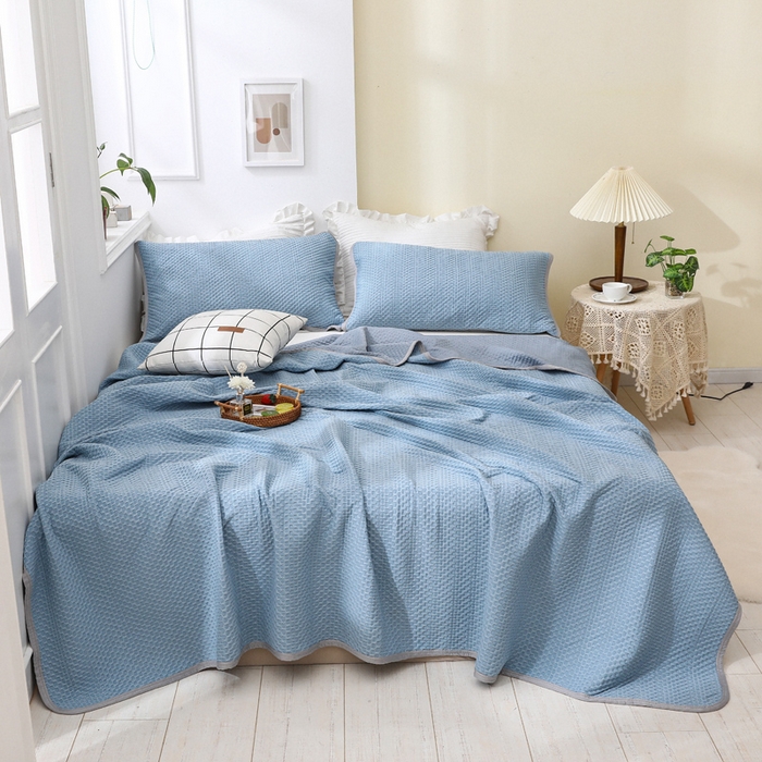 91家纺网 家纺一手货源 找家纺 琪琪阁2023新款华夫格针织提花亲肤舒适多功能凉感夏被 雾霾蓝