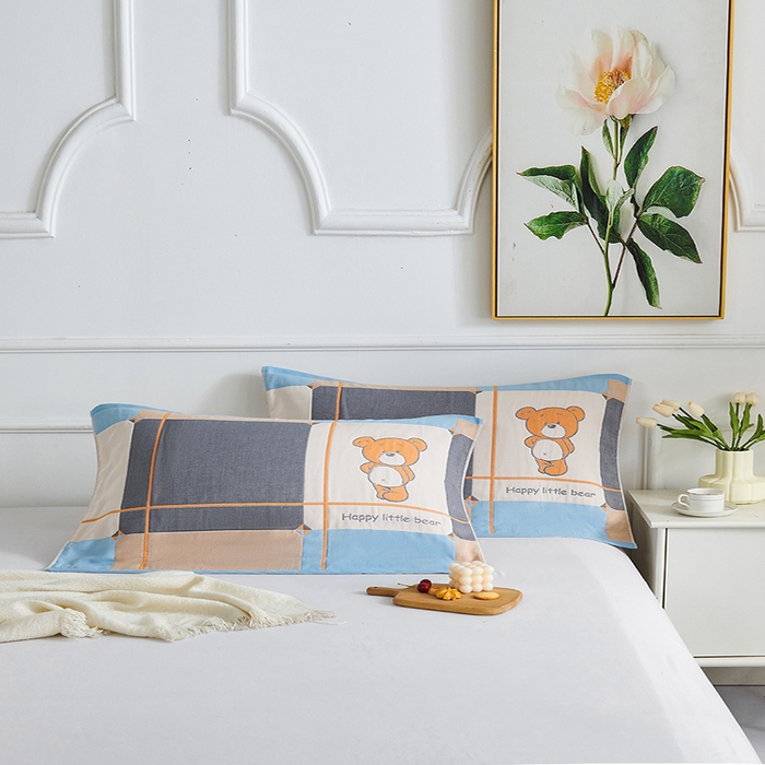 91家纺网 家纺一手货源 找家纺 棠薇 2023新款全棉6层纱布枕巾-简约系列 6层 快乐熊蓝53*80cm/对