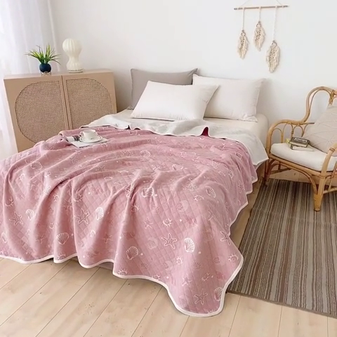 91家纺网 家纺一手货源 找家纺 琪琪阁2023新款提花针织棉夏被盖毯 海星-豆沙