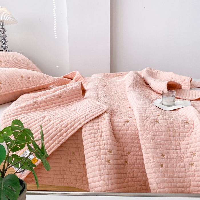 91家纺网 家纺一手货源 找家纺 2023全棉色织水洗棉抗菌床盖纯棉多功能床单 珊瑚粉