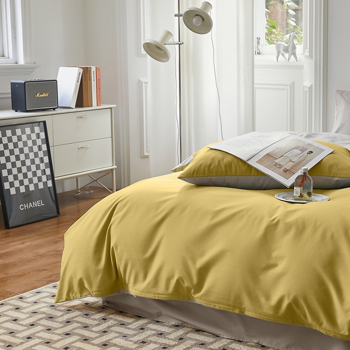 91家纺网 家纺一手货源 找家纺 怡家居 2023新款全棉100支磨毛四件套 暖黄浅灰