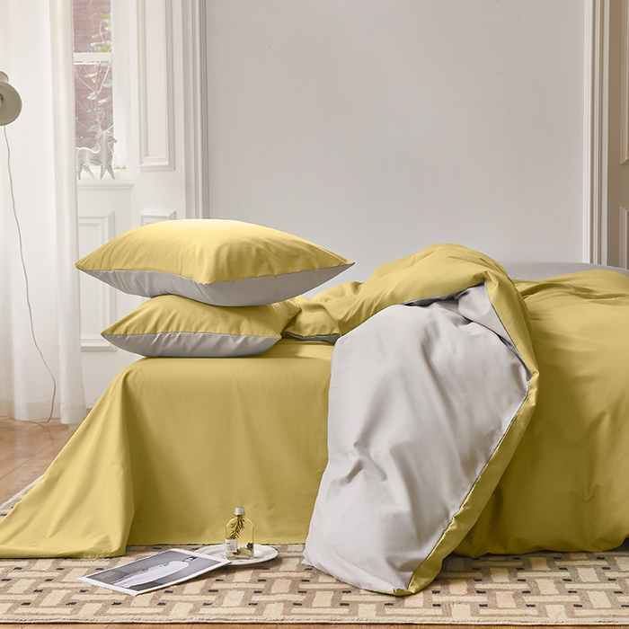 91家纺网 家纺一手货源 找家纺 怡家居 2023新款全棉100支磨毛四件套 暖黄浅灰