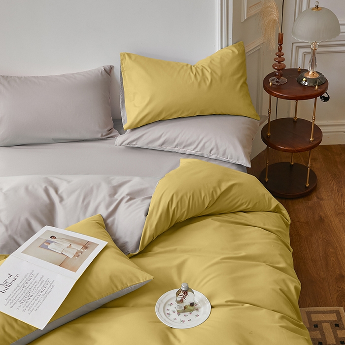 91家纺网 家纺一手货源 找家纺 怡家居 2023新款全棉100支磨毛四件套 暖黄浅灰