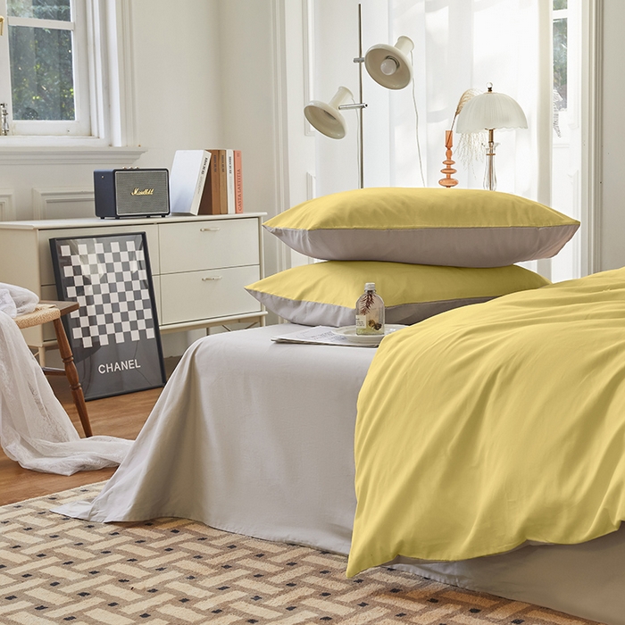 91家纺网 家纺一手货源 找家纺 怡家居 2023新款全棉100支磨毛四件套 暖黄浅灰