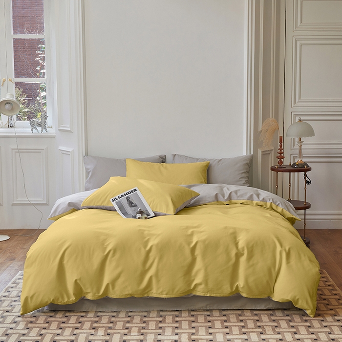 91家纺网 家纺一手货源 找家纺 怡家居 2023新款全棉100支磨毛四件套 暖黄浅灰