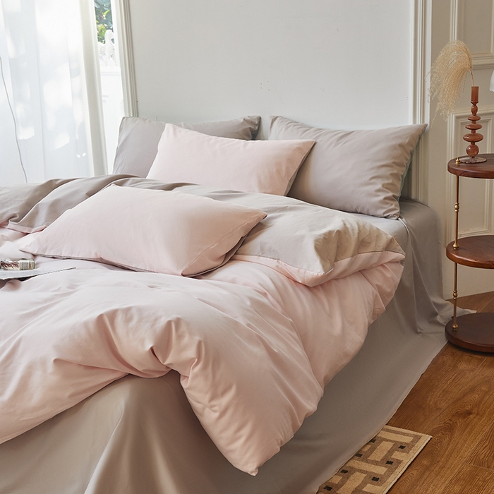 91家纺网 家纺一手货源 找家纺 怡家居 2023新款全棉100支磨毛四件套 樱花粉雅灰