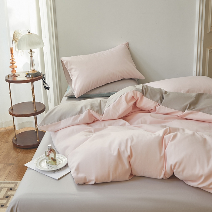 91家纺网 家纺一手货源 找家纺 怡家居 2023新款全棉100支磨毛四件套 樱花粉雅灰