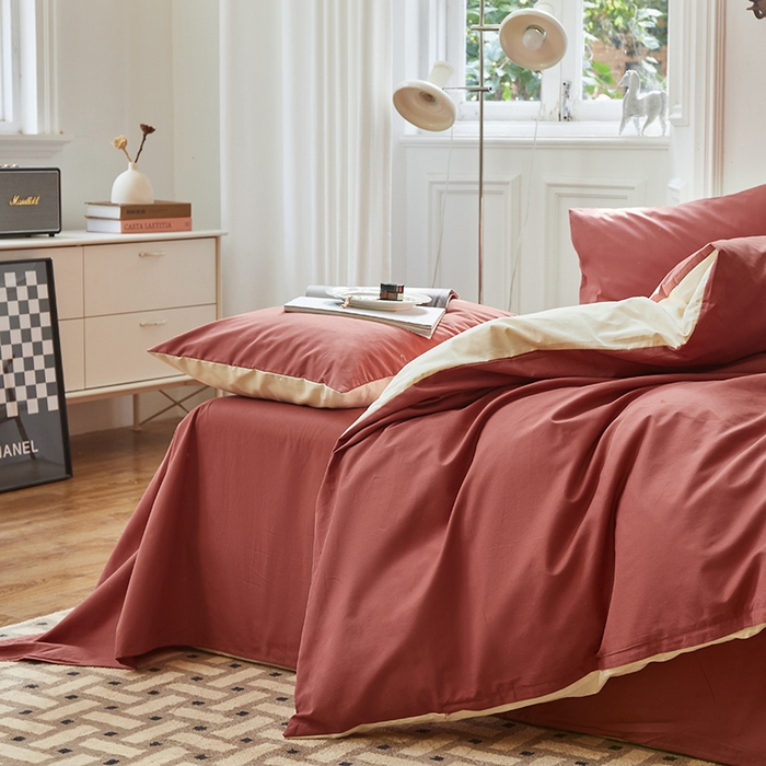 91家纺网 家纺一手货源 找家纺 怡家居 2023新款全棉100支磨毛四件套 砖红-奶玉