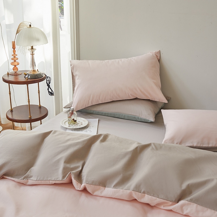 91家纺网 家纺一手货源 找家纺 怡家居 2023新款全棉100支磨毛四件套 樱花粉雅灰