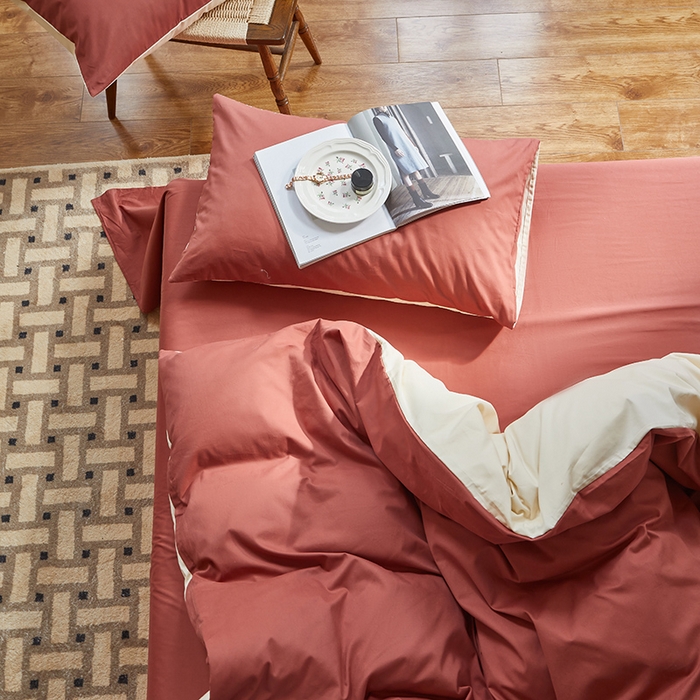 91家纺网 家纺一手货源 找家纺 怡家居 2023新款全棉100支磨毛四件套 砖红-奶玉