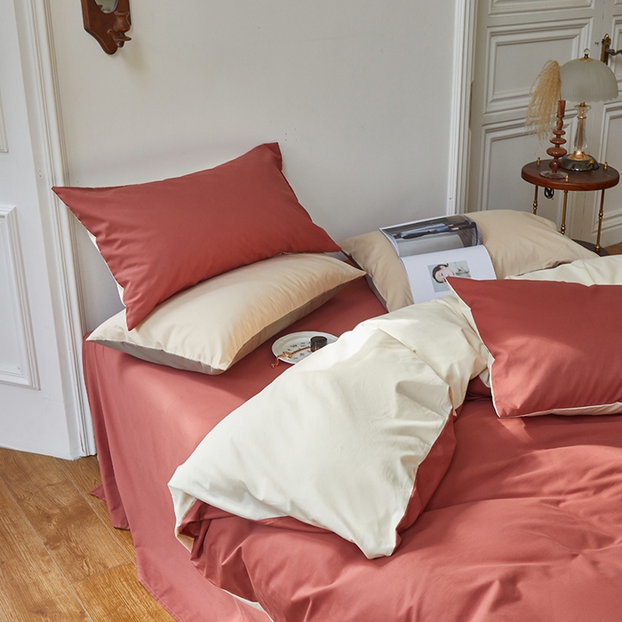 91家纺网 家纺一手货源 找家纺 怡家居 2023新款全棉100支磨毛四件套 砖红-奶玉