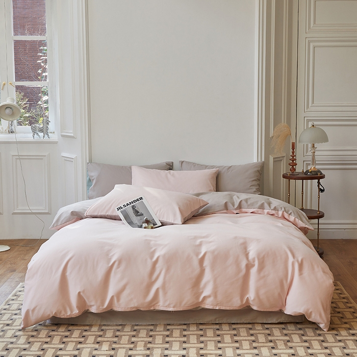 91家纺网 家纺一手货源 找家纺 怡家居 2023新款全棉100支磨毛四件套 樱花粉雅灰