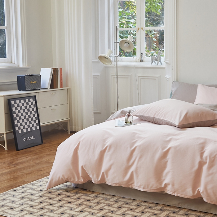 91家纺网 家纺一手货源 找家纺 怡家居 2023新款全棉100支磨毛四件套 樱花粉雅灰