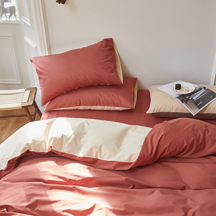 91家纺网 家纺一手货源 找家纺 怡家居 2023新款全棉100支磨毛四件套 砖红-奶玉