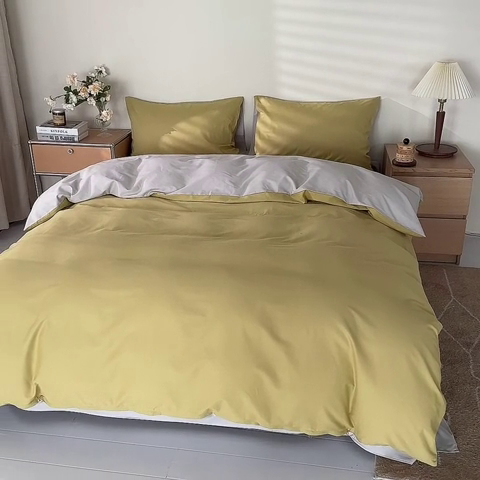 91家纺网 家纺一手货源 找家纺 怡家居 2023新款全棉100支磨毛四件套 暖黄浅灰