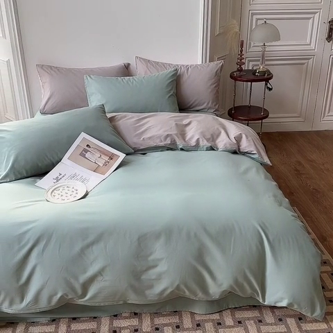 91家纺网 家纺一手货源 找家纺 怡家居 2023新款全棉100支磨毛四件套 松子绿灰