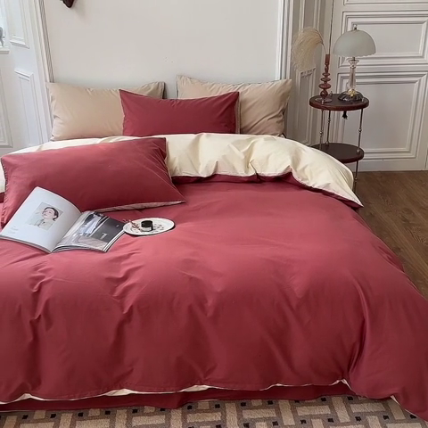 91家纺网 家纺一手货源 找家纺 怡家居 2023新款全棉100支磨毛四件套 砖红-奶玉