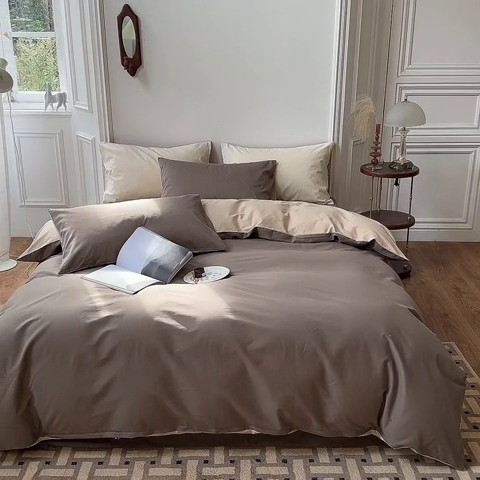 91家纺网 家纺一手货源 找家纺 怡家居 2023新款全棉100支磨毛四件套 暗咖-浅咖其