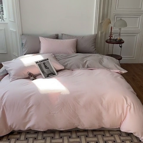 91家纺网 家纺一手货源 找家纺 怡家居 2023新款全棉100支磨毛四件套 樱花粉雅灰