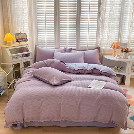 91家纺网 家纺一手货源 找家纺 席佬大2025新款马卡龙色华夫格提花贝壳边四件套