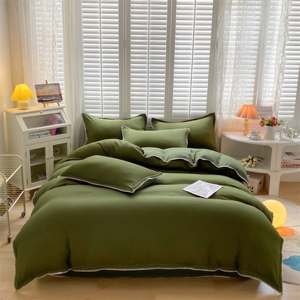 91家纺网 家纺一手货源 找家纺 席佬大2025新款马卡龙色华夫格提花贝壳边四件套