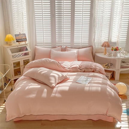 91家纺网 家纺一手货源 找家纺 席佬大2025新款马卡龙色华夫格提花贝壳边四件套