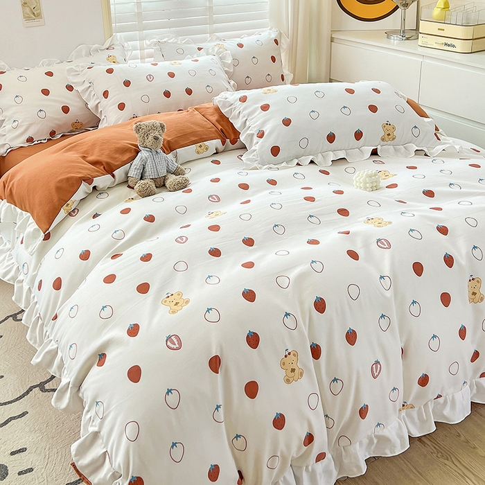 91家纺网 家纺一手货源 找家纺 澳梵 2023新款【怦然心动】系列-水洗棉麻双层纱四件套 草莓熊