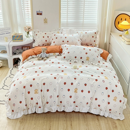 澳梵 2023新款【怦然心动】系列-水洗棉麻双层纱四件套 草莓熊