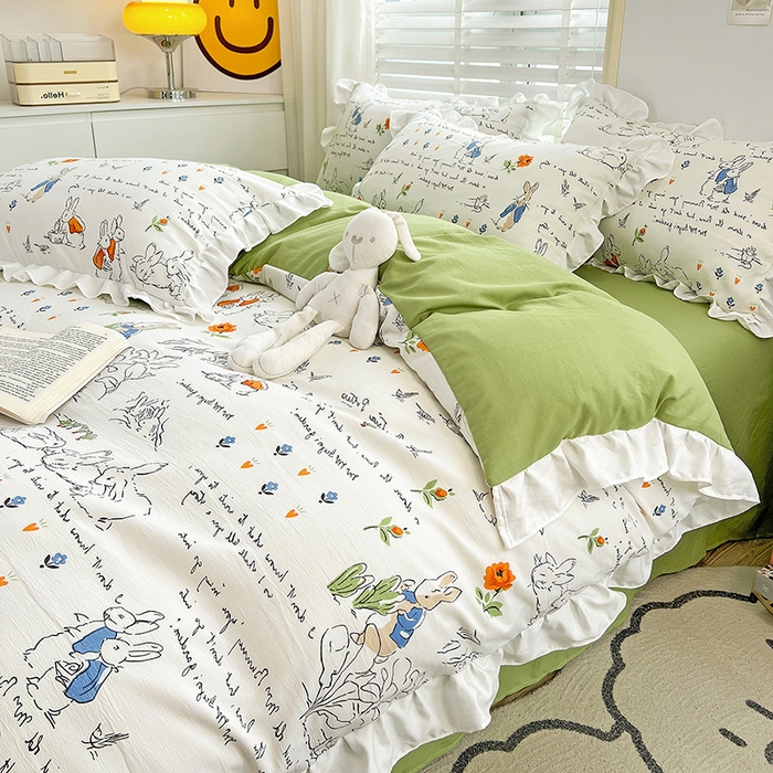 91家纺网 家纺一手货源 找家纺 澳梵 2023新款【怦然心动】系列-水洗棉麻双层纱四件套 彼得兔