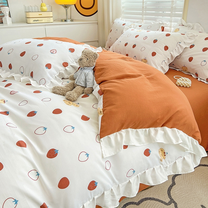 91家纺网 家纺一手货源 找家纺 澳梵 2023新款【怦然心动】系列-水洗棉麻双层纱四件套 草莓熊