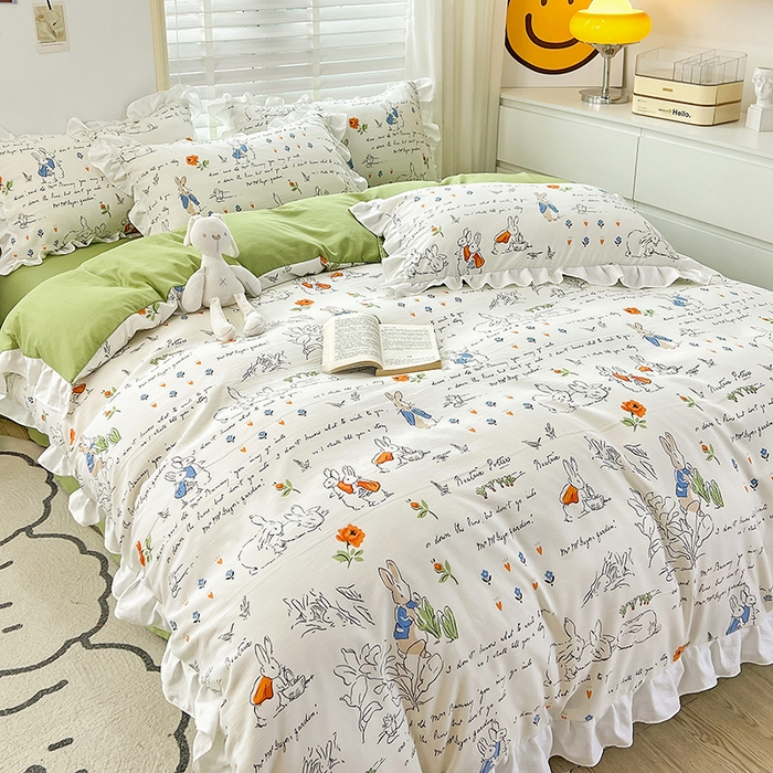 91家纺网 家纺一手货源 找家纺 澳梵 2023新款【怦然心动】系列-水洗棉麻双层纱四件套 彼得兔