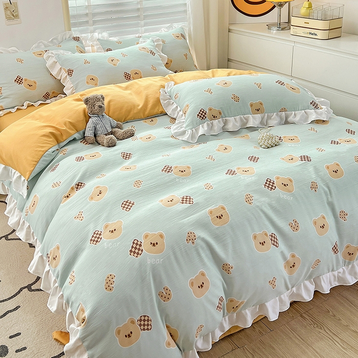 91家纺网 家纺一手货源 找家纺 澳梵 2023新款【怦然心动】系列-水洗棉麻双层纱四件套 嘟嘟熊