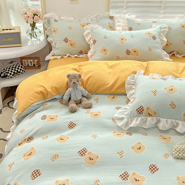 91家纺网 家纺一手货源 找家纺 澳梵 2023新款【怦然心动】系列-水洗棉麻双层纱四件套 嘟嘟熊