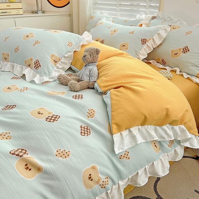 91家纺网 家纺一手货源 找家纺 澳梵 2023新款【怦然心动】系列-水洗棉麻双层纱四件套 嘟嘟熊