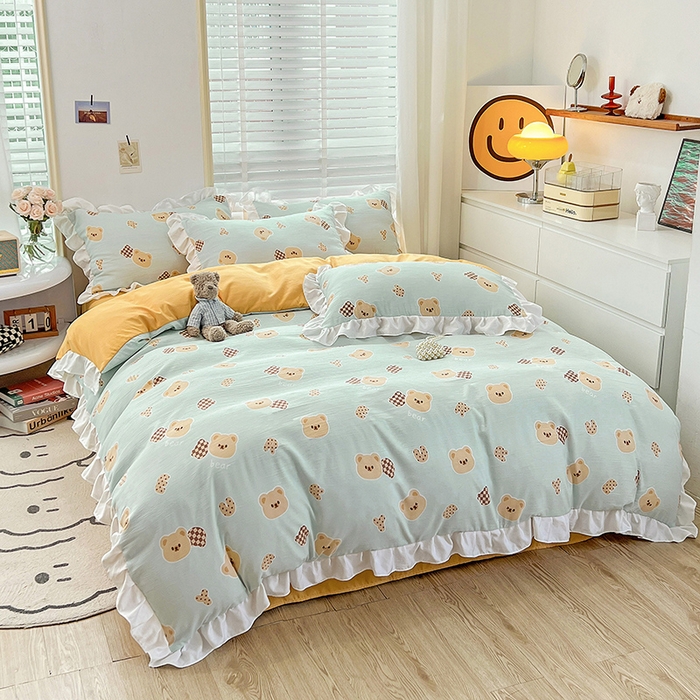 91家纺网 家纺一手货源 找家纺 澳梵 2023新款【怦然心动】系列-水洗棉麻双层纱四件套 嘟嘟熊