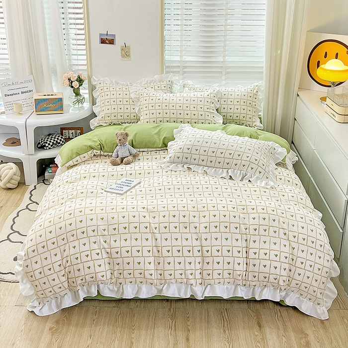 91家纺网 家纺一手货源 找家纺 澳梵 2023新款【怦然心动】系列-水洗棉麻双层纱四件套 格子心心