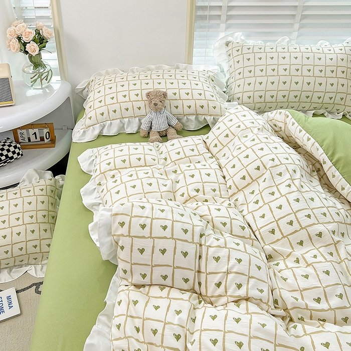 91家纺网 家纺一手货源 找家纺 澳梵 2023新款【怦然心动】系列-水洗棉麻双层纱四件套 格子心心