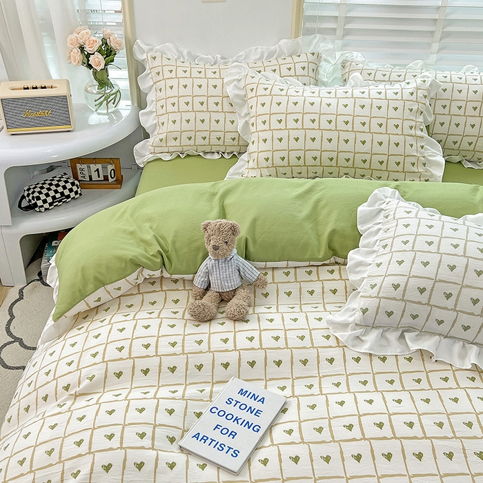 91家纺网 家纺一手货源 找家纺 澳梵 2023新款【怦然心动】系列-水洗棉麻双层纱四件套 格子心心