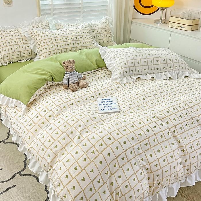 91家纺网 家纺一手货源 找家纺 澳梵 2023新款【怦然心动】系列-水洗棉麻双层纱四件套 格子心心