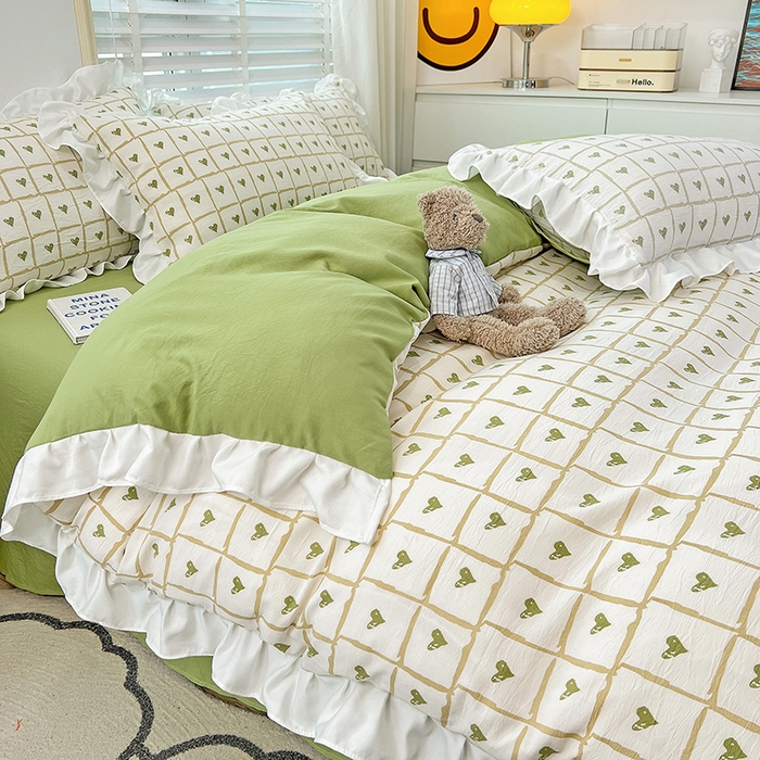 91家纺网 家纺一手货源 找家纺 澳梵 2023新款【怦然心动】系列-水洗棉麻双层纱四件套 格子心心