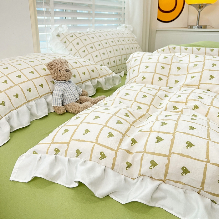 91家纺网 家纺一手货源 找家纺 澳梵 2023新款【怦然心动】系列-水洗棉麻双层纱四件套 格子心心