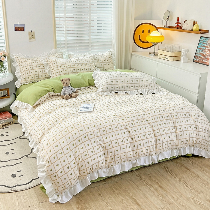 91家纺网 家纺一手货源 找家纺 澳梵 2023新款【怦然心动】系列-水洗棉麻双层纱四件套 格子心心