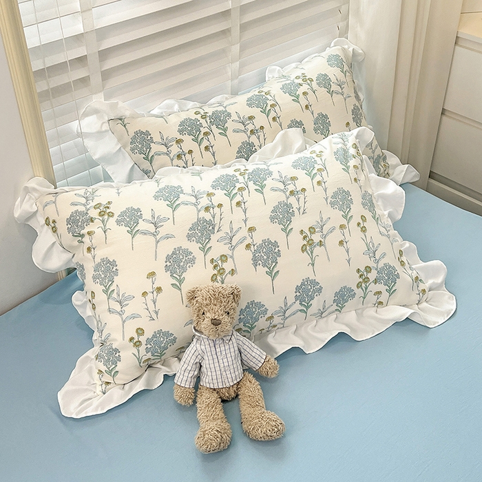 91家纺网 家纺一手货源 找家纺 澳梵 2023新款【怦然心动】系列-水洗棉麻双层纱四件套 海芋恋人-蓝