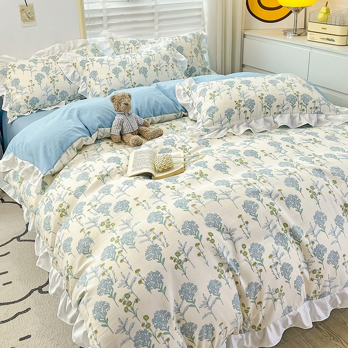 91家纺网 家纺一手货源 找家纺 澳梵 2023新款【怦然心动】系列-水洗棉麻双层纱四件套 海芋恋人-蓝