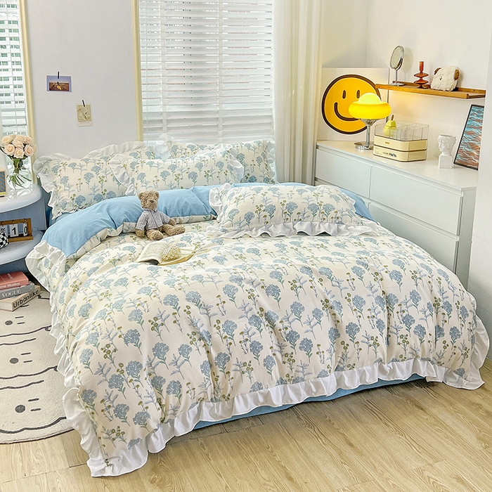 91家纺网 家纺一手货源 找家纺 澳梵 2023新款【怦然心动】系列-水洗棉麻双层纱四件套 海芋恋人-蓝