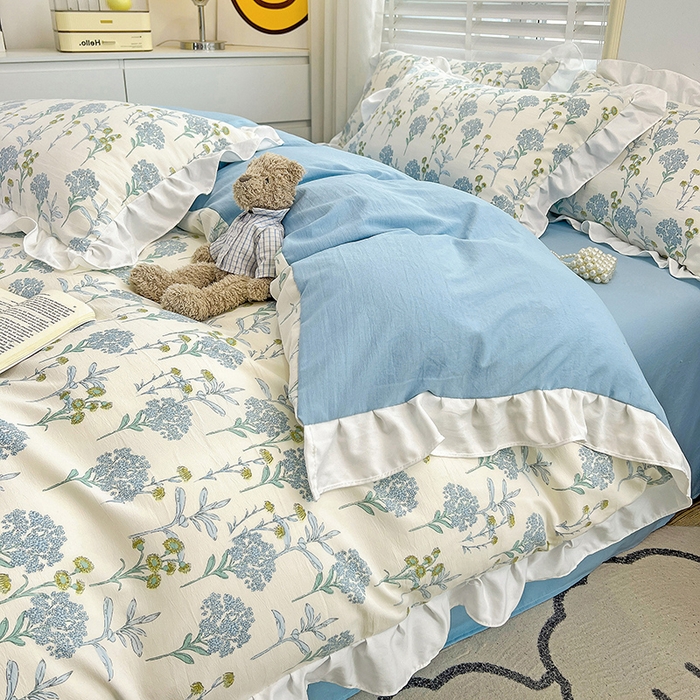 91家纺网 家纺一手货源 找家纺 澳梵 2023新款【怦然心动】系列-水洗棉麻双层纱四件套 海芋恋人-蓝