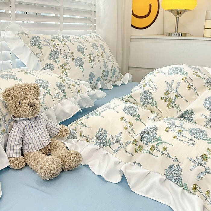 91家纺网 家纺一手货源 找家纺 澳梵 2023新款【怦然心动】系列-水洗棉麻双层纱四件套 海芋恋人-蓝